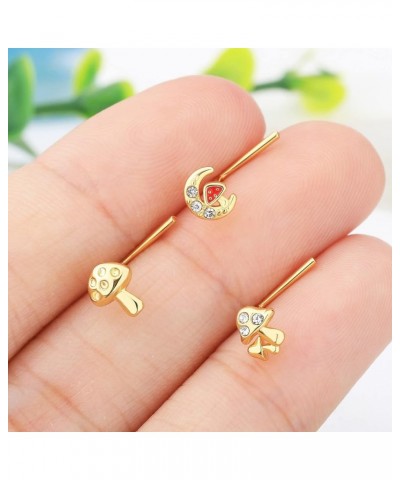 20G Nose Studs, 316L Stainless Steel Gold Nose Rings L-Shaped Mushroom Elements Paved Clear CZ Nose Piercing Jewelry For Wome...