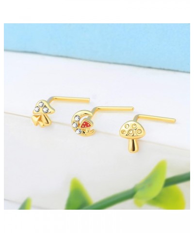 20G Nose Studs, 316L Stainless Steel Gold Nose Rings L-Shaped Mushroom Elements Paved Clear CZ Nose Piercing Jewelry For Wome...