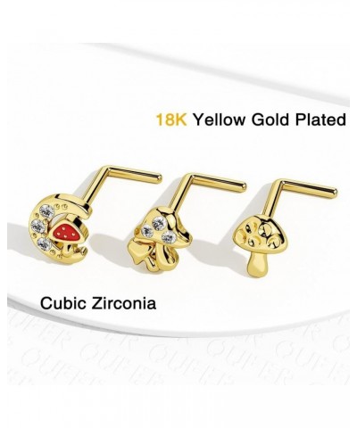 20G Nose Studs, 316L Stainless Steel Gold Nose Rings L-Shaped Mushroom Elements Paved Clear CZ Nose Piercing Jewelry For Wome...