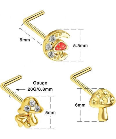 20G Nose Studs, 316L Stainless Steel Gold Nose Rings L-Shaped Mushroom Elements Paved Clear CZ Nose Piercing Jewelry For Wome...