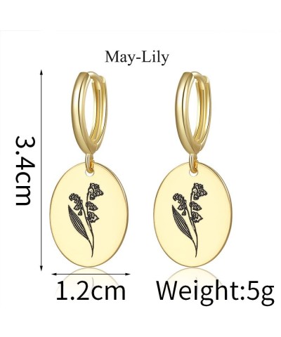 Birth Flower Earrings 18K Gold Engraved Birth Month Flower Dangle Earrings Charm Hand Stamped Floral Oval Hoop Earrings Perso...