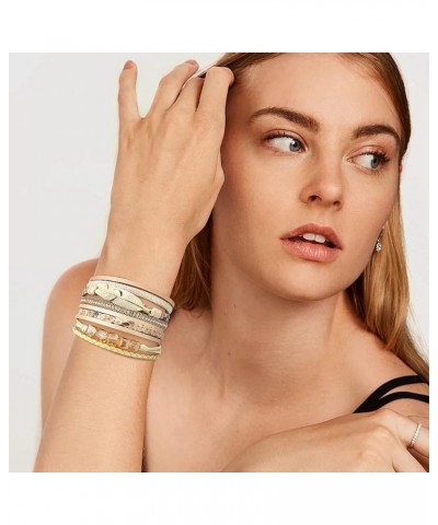 Women Wrap Bracelet Multilayered Leather Braided Bangle Wrist Cuff Bangles with Magnetic Buckle Leaf Khaki $8.66 Bracelets