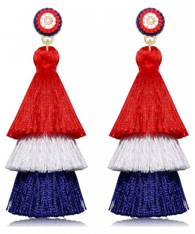 Tiered Tassel Drop Earrings Druzy Round Top Earring Studs for Women USA red white blue $6.59 Earrings