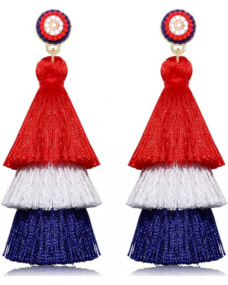 Tiered Tassel Drop Earrings Druzy Round Top Earring Studs for Women USA red white blue $6.59 Earrings