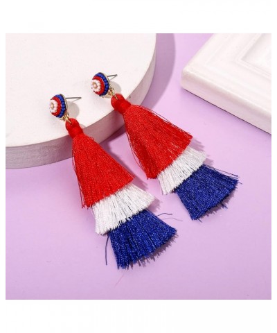 Tiered Tassel Drop Earrings Druzy Round Top Earring Studs for Women USA red white blue $6.59 Earrings