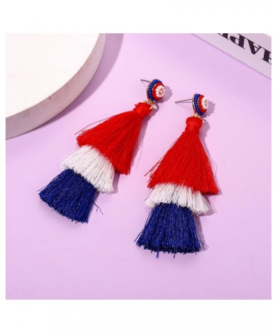 Tiered Tassel Drop Earrings Druzy Round Top Earring Studs for Women USA red white blue $6.59 Earrings