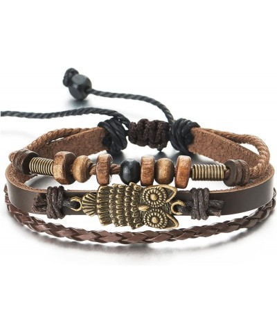 Mens Womens Multi-Strand Braided Leather Cotton Strap Bracelet with Owl and Beads Charms C-Leather Color: Dark Brown $10.02 B...