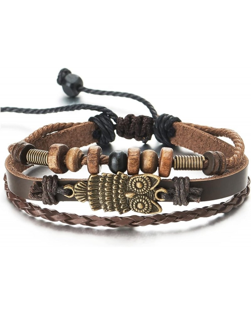 Mens Womens Multi-Strand Braided Leather Cotton Strap Bracelet with Owl and Beads Charms C-Leather Color: Dark Brown $10.02 B...