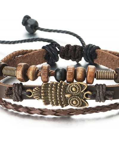 Mens Womens Multi-Strand Braided Leather Cotton Strap Bracelet with Owl and Beads Charms C-Leather Color: Dark Brown $10.02 B...