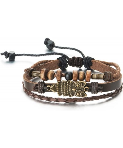 Mens Womens Multi-Strand Braided Leather Cotton Strap Bracelet with Owl and Beads Charms C-Leather Color: Dark Brown $10.02 B...