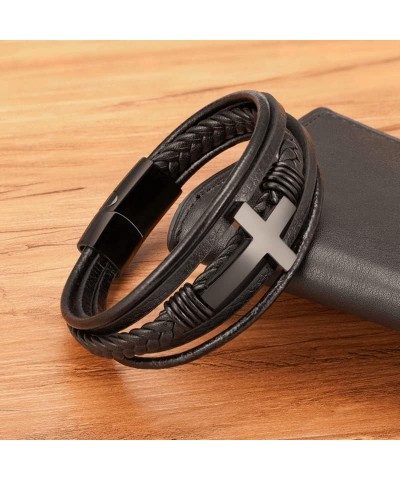 Leather Cross Bracelet | Braided Leather Bracelet With Stainless Steel Cross, Christian Jewelry For Men and Women Black 9 inc...