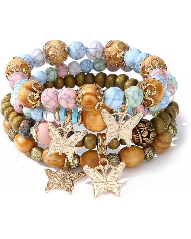 Bohemian Butterfly Bracelets for Women Girls Stretch Bracelet Sets Gold Beaded Stackable Colorful Charm Beach Jewelry Wooden-...