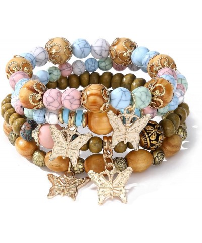 Bohemian Butterfly Bracelets for Women Girls Stretch Bracelet Sets Gold Beaded Stackable Colorful Charm Beach Jewelry Wooden-...