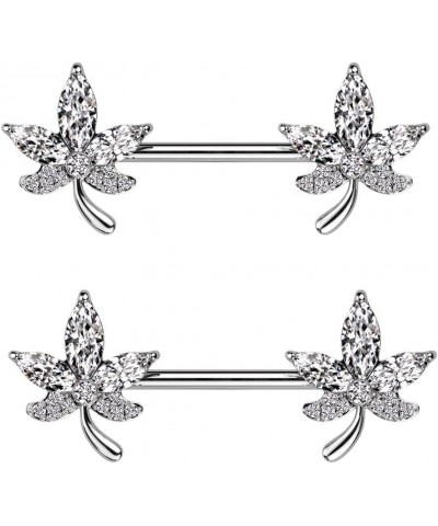 14GA 316L Stainless Steel CZ Crystal Leaf Nipple Barbells, Sold as a Pair Silver Tone $9.97 Body Jewelry