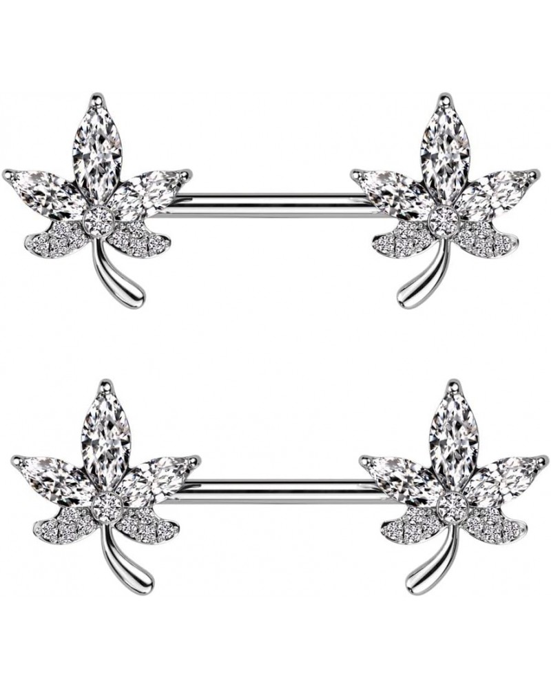 14GA 316L Stainless Steel CZ Crystal Leaf Nipple Barbells, Sold as a Pair Silver Tone $9.97 Body Jewelry