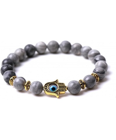 Unisex Natural Amazonite Gold Fatima Hand Hamsa with Turkish Blue Evil Eye Bead Bracelet Elastic Adjustable for Men Women Bud...