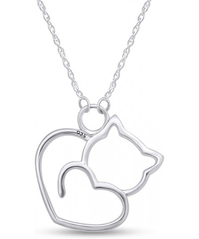 Heart Style Cat Pendant Necklace in 14k Gold Over Sterling Silver white-gold-plated-silver $20.79 Necklaces