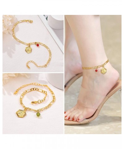 Gold Initial Charm with Birthstone Ankle Bracelet for Women, Yellow Gold Plated Summer Beach Dainty Foot Chain Personalized N...