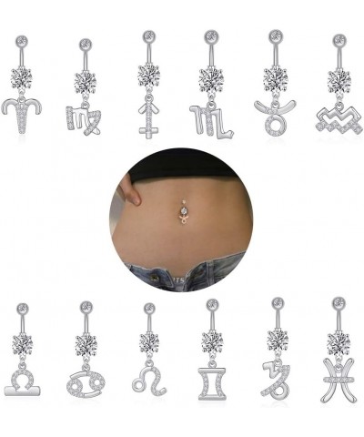 14G Dangle Belly Zodiac Signs Button Ring Silver Plated Clear CZ Zircon Stainless Steel Cute Belly Piercing Jewelry Aquarius ...