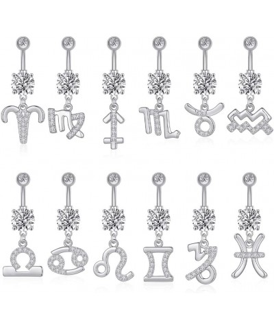 14G Dangle Belly Zodiac Signs Button Ring Silver Plated Clear CZ Zircon Stainless Steel Cute Belly Piercing Jewelry Aquarius ...