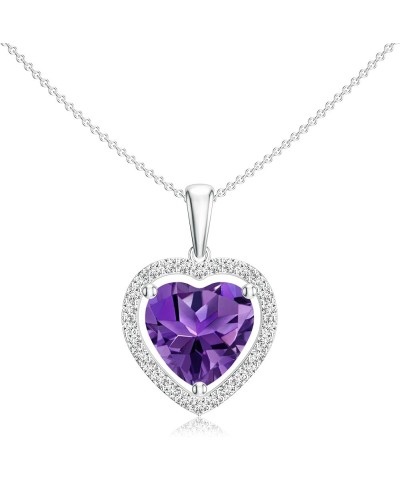 Natural Amethyst Halo Heart Shape Pendant Necklace with Diamond for Women in Sterling Silver / 14K Solid Gold/Platinum Platin...