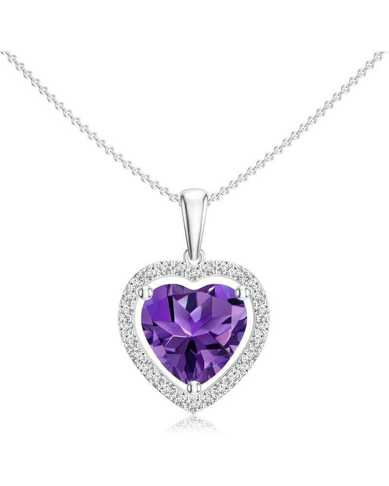 Natural Amethyst Halo Heart Shape Pendant Necklace with Diamond for Women in Sterling Silver / 14K Solid Gold/Platinum Platin...