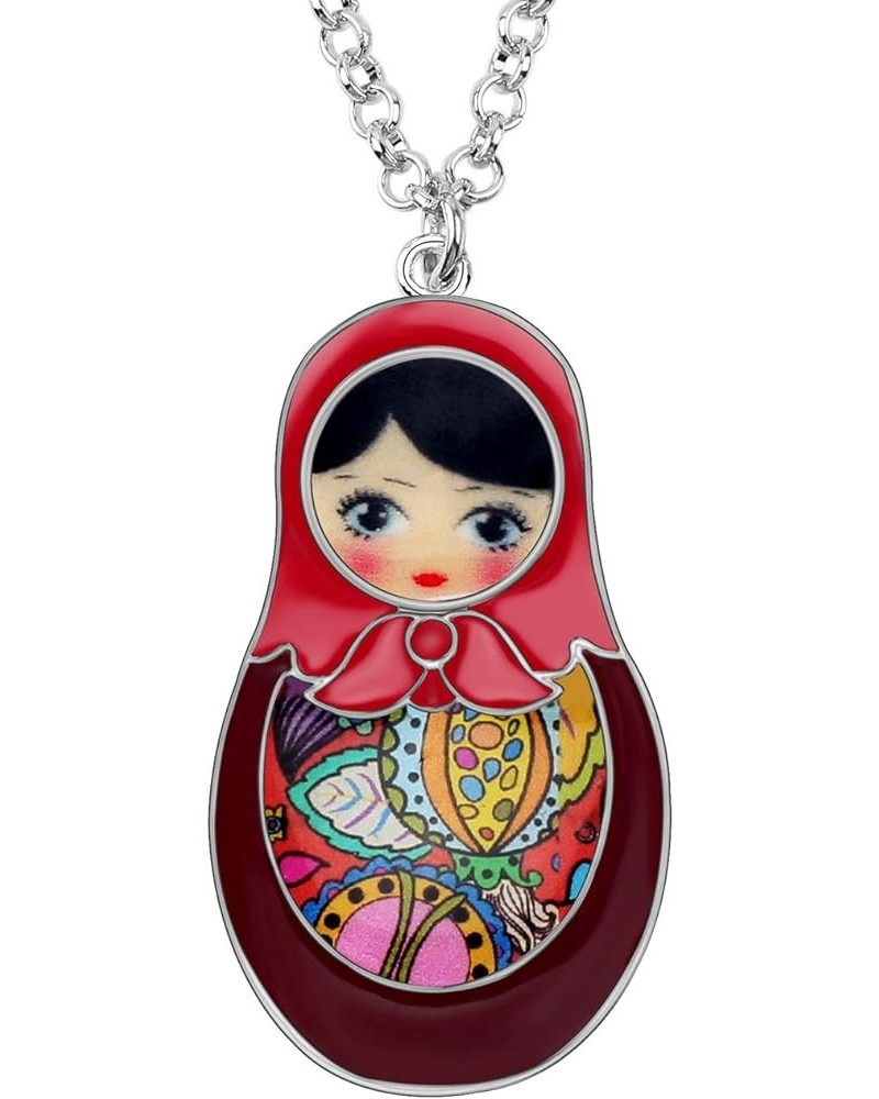 Alloy Doll Necklace Matryoshka Russian Doll Pendant Chain Enamel Jewelry Gifts for Women Girls Red $9.59 Necklaces