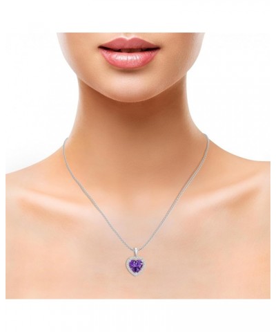 Natural Amethyst Halo Heart Shape Pendant Necklace with Diamond for Women in Sterling Silver / 14K Solid Gold/Platinum Platin...