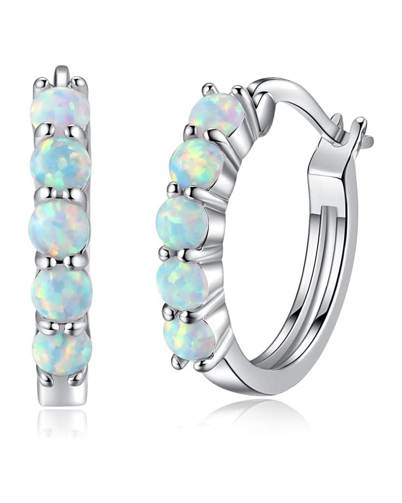 Sterling Silver Opal Hoop Earrings for Women 14K White Gold Plated Hypoallergenic Huggie Earrings with Opal Gemstone Earrings...