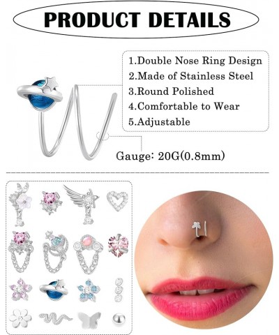 16PCS Double Nose Ring Hoop For Single Piercing Stainless Steel Dangle Spiral Nose Rings Snake Flower Butterfly Planet Angel ...