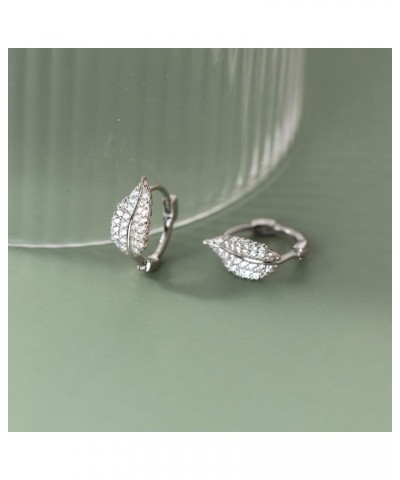 Sterling Silver CZ Leaf Hoop Earrings for Women Teen Girls Leaf Small Hoop Earrings Huggie A-Silver $10.82 Earrings