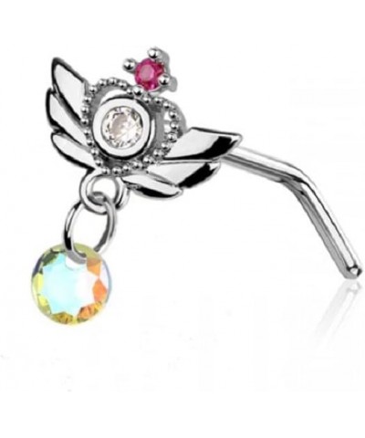 20GA 316L Stainless Steel Winged Heart with Dangling Gem L-Bend Nose Stud Silver Tone $9.23 Body Jewelry