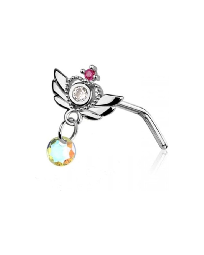 20GA 316L Stainless Steel Winged Heart with Dangling Gem L-Bend Nose Stud Silver Tone $9.23 Body Jewelry