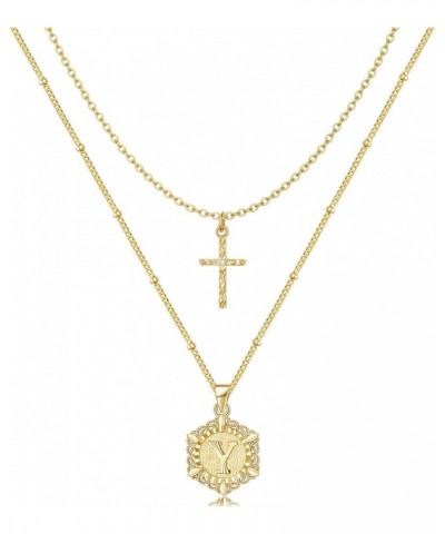 Gold Layered Initial Cross Necklace, 14K Gold Plated Layering Square Letter Pendant Figaro Chain Cross Choker from A-Z Capita...