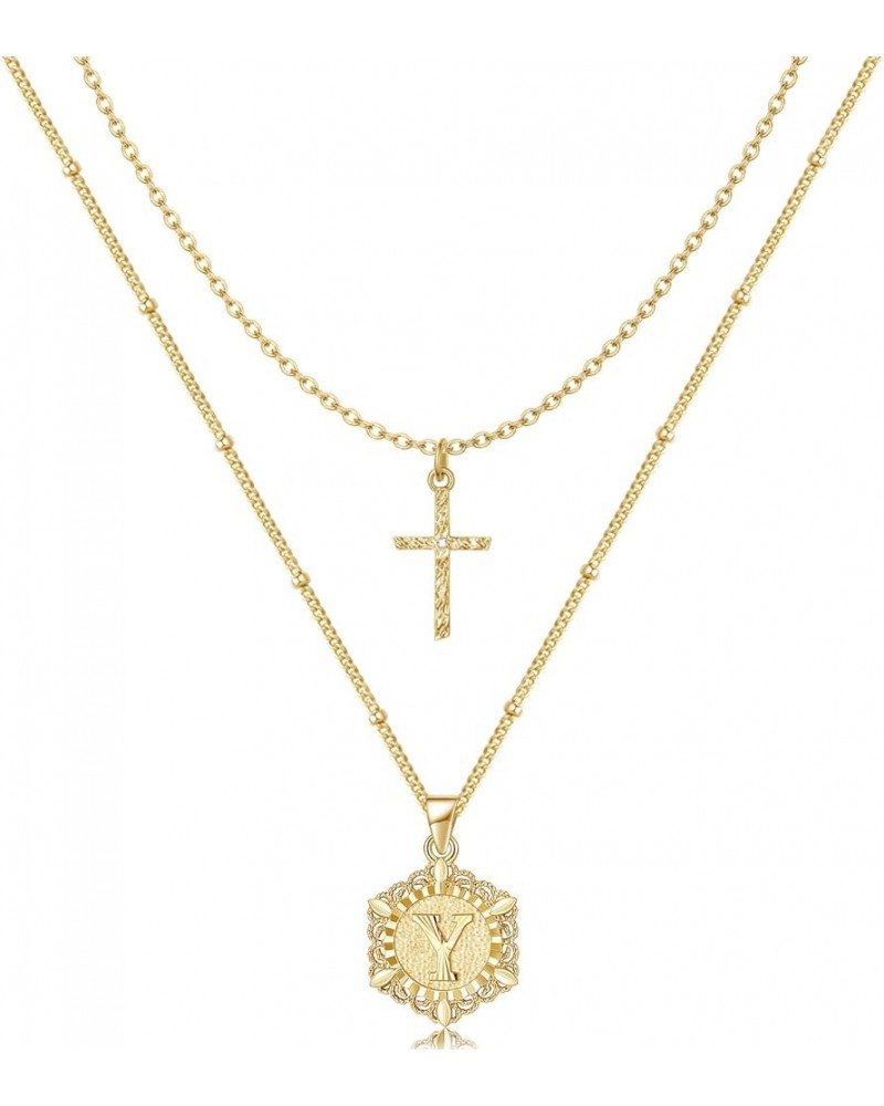 Gold Layered Initial Cross Necklace, 14K Gold Plated Layering Square Letter Pendant Figaro Chain Cross Choker from A-Z Capita...