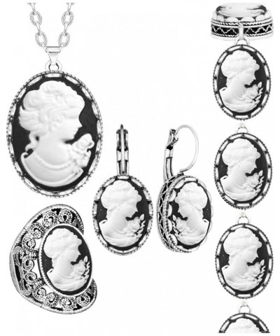 Vintage Look White Lady Queen Cameo Sets For Women Antique Silver Plated Cameo Necklace Earring Bracelet Ring Jewelry Set $11...