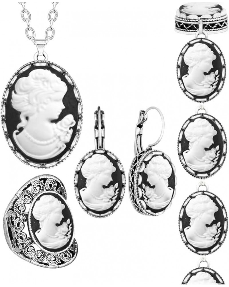 Vintage Look White Lady Queen Cameo Sets For Women Antique Silver Plated Cameo Necklace Earring Bracelet Ring Jewelry Set $11...