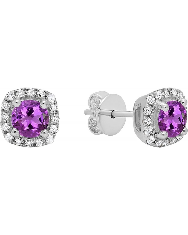 3.50mm Center Round Amethyst & White Diamond Halo Style Stud Earrings for Women in 18K Solid Gold Push Back Solid White Gold ...