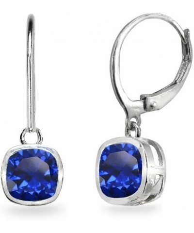 Sterling Silver Genuine or Synthetic Gemstone 6mm Cushion-Cut Bezel-Set Dangle Leverback Earrings Synthetic Blue Spinel - Sep...