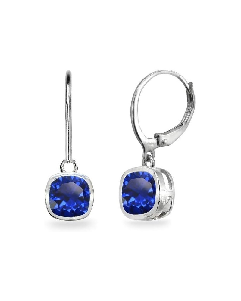 Sterling Silver Genuine or Synthetic Gemstone 6mm Cushion-Cut Bezel-Set Dangle Leverback Earrings Synthetic Blue Spinel - Sep...