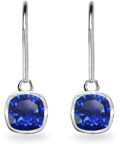 Sterling Silver Genuine or Synthetic Gemstone 6mm Cushion-Cut Bezel-Set Dangle Leverback Earrings Synthetic Blue Spinel - Sep...