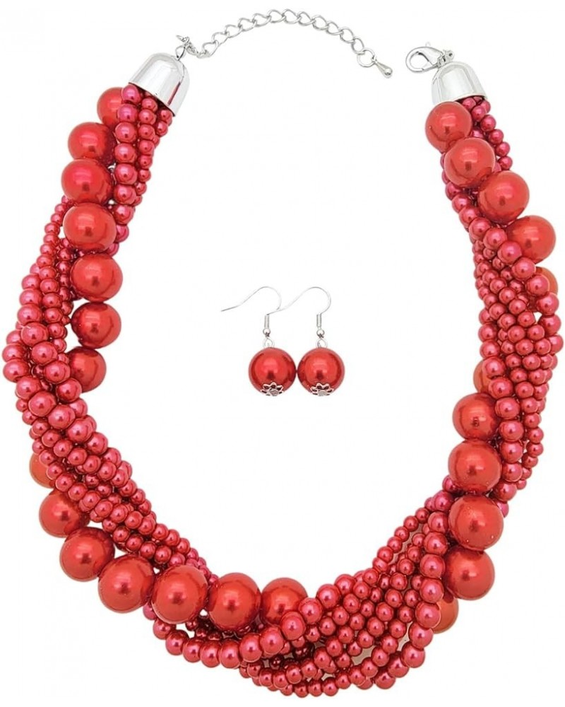 Women's Chunky Braided Cluster Simulated Pearl Bead Statement Collar Necklace Earring Set Carmine Red Tone $10.63 Jewelry Sets