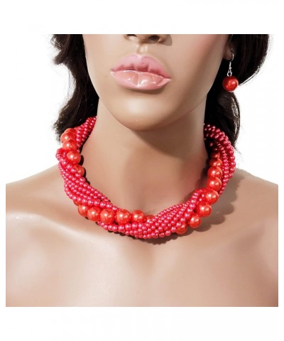 Women's Chunky Braided Cluster Simulated Pearl Bead Statement Collar Necklace Earring Set Carmine Red Tone $10.63 Jewelry Sets