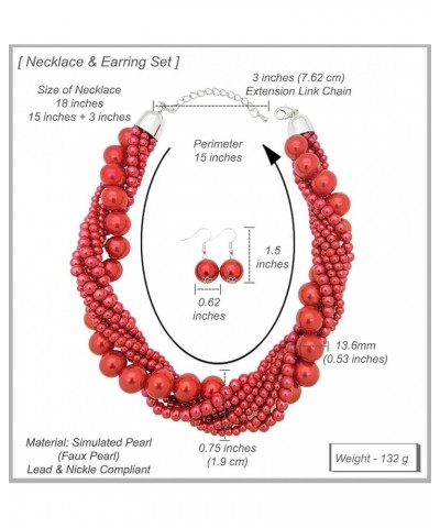 Women's Chunky Braided Cluster Simulated Pearl Bead Statement Collar Necklace Earring Set Carmine Red Tone $10.63 Jewelry Sets