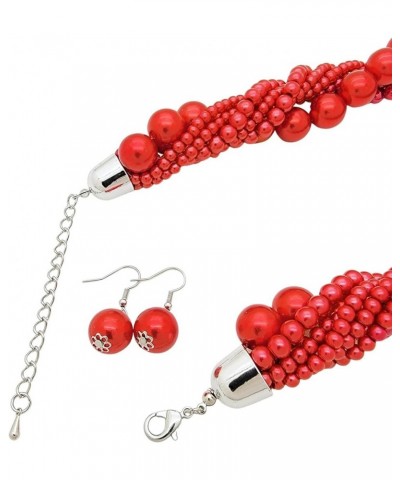 Women's Chunky Braided Cluster Simulated Pearl Bead Statement Collar Necklace Earring Set Carmine Red Tone $10.63 Jewelry Sets