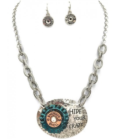 Bohemian Western Hide Your Crazy Shotgun Shell Concho Plated Pendant Necklace with Earrings Silver $19.25 Jewelry Sets