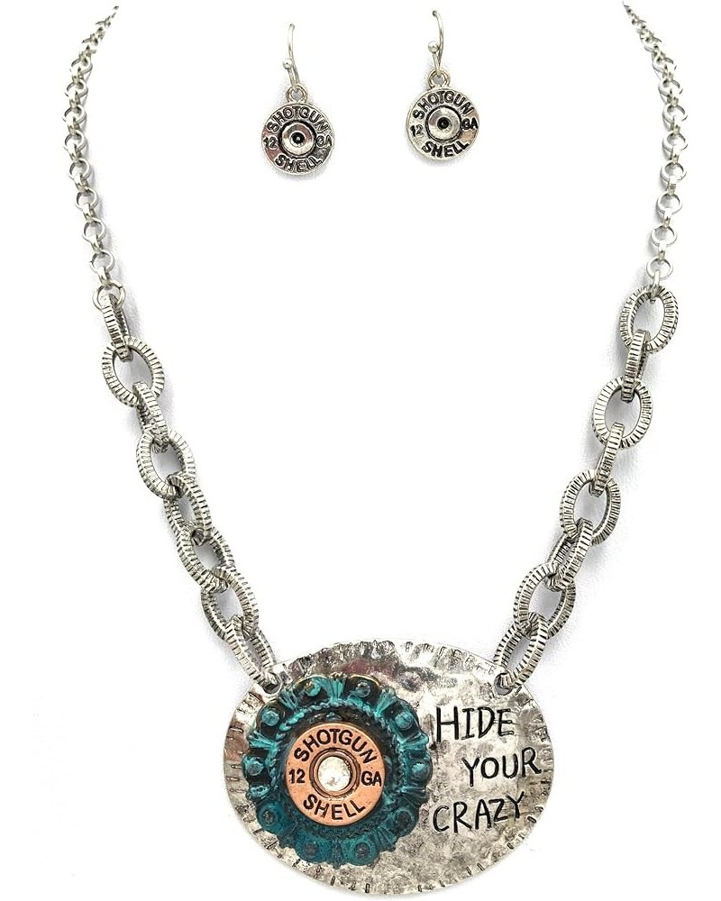 Bohemian Western Hide Your Crazy Shotgun Shell Concho Plated Pendant Necklace with Earrings Silver $19.25 Jewelry Sets