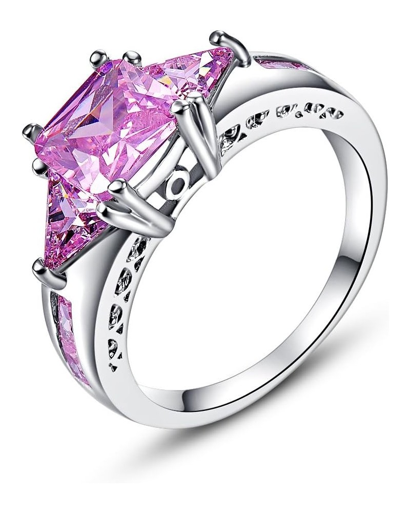 925 Sterling Silver Cushion Cut Created Amethyst Filled 3 Stone Engagement Ring Pink $4.12 Rings