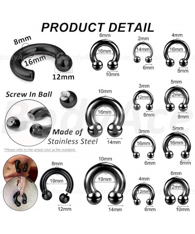 Black Circular Barbells Horseshoe Septum Rings, Surgical Steel PA Rings in 00G 0G 2G 4G 6G 8G 12G, Captive Bead Ring CBR Body...