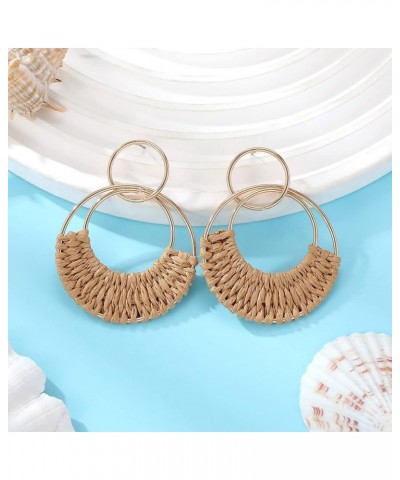 Rattan Weave Earrings Boho Summer Raffia Hoop Dangle Earrings for Women Girls Bohemian Raffia Braid Straw Wicker Round Drop E...